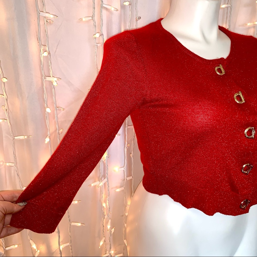 CALVIN KLEIN ⭐️ Red Shimmer & Sparkle Crop Sweater - Picture 5 of 9